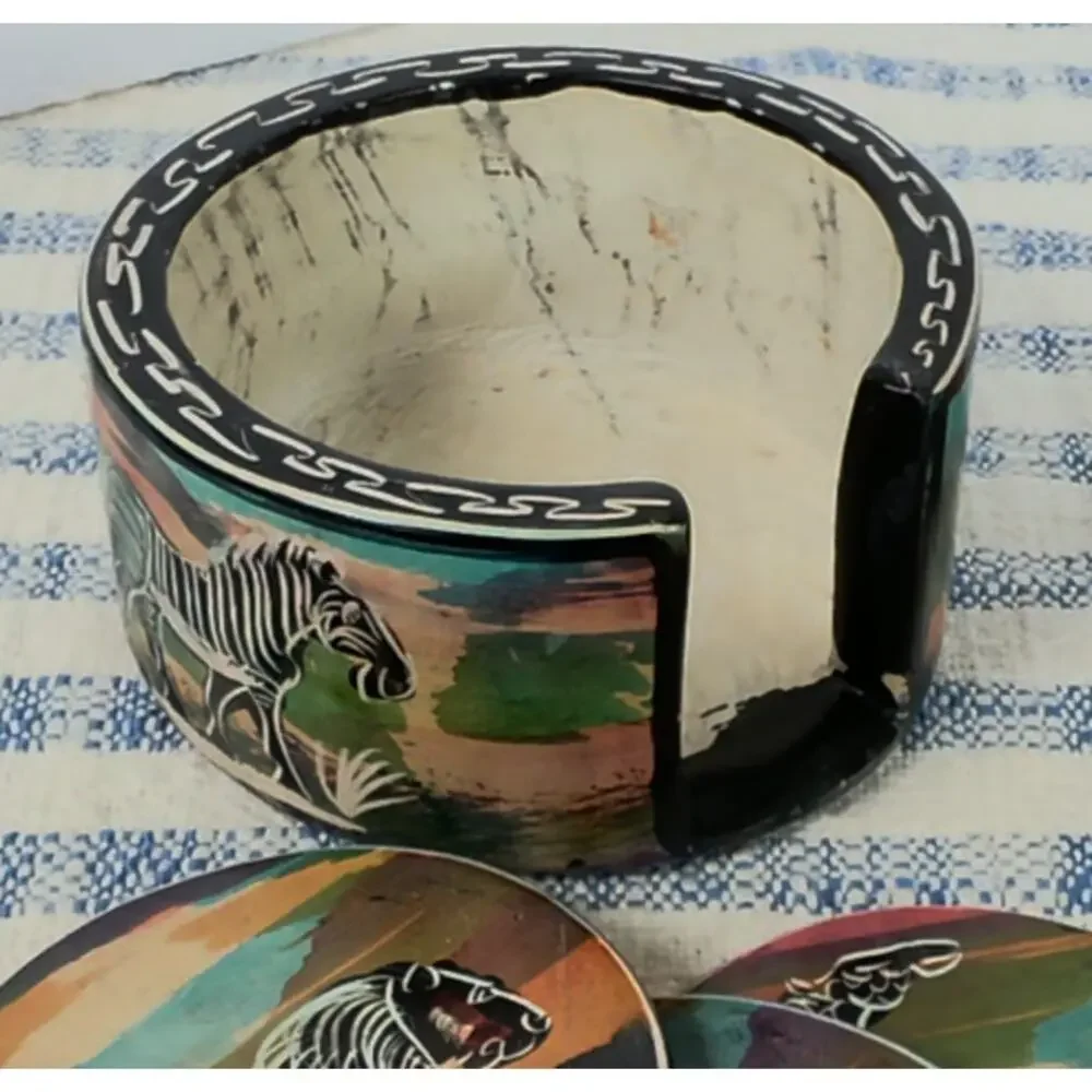 Vintage Serengeti Sunset Soapstone Coasters African Wildlife Holder Set